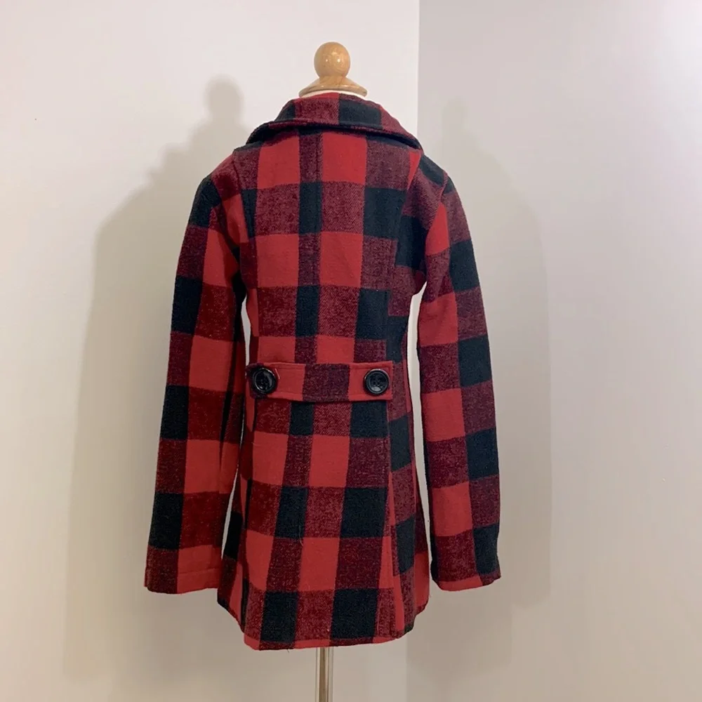 Me Jane Girls Red Black Plaid Double Breasted Coat Size 7/8 - Picture 3 of 5